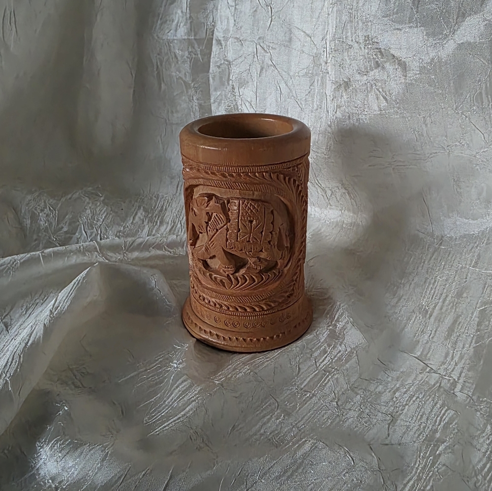 Vintage Hand carved wooden elephant Desk top organizer Pen holder
